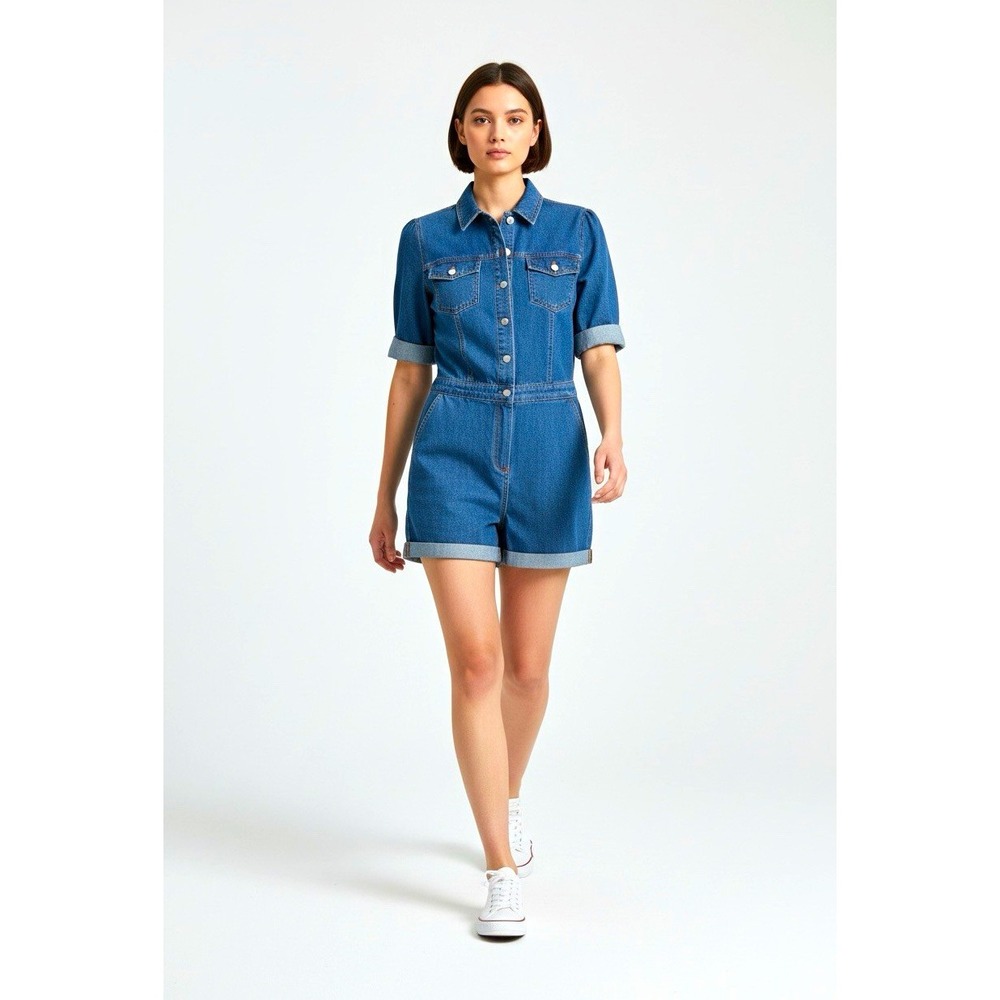 BLVD Collection Womens Blue Denim Romper Size S Long Sleeve Button Front